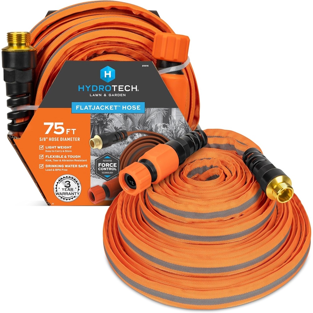 image:imageHydroTech FLATJACKET 58 75 ft Flexible Garden Hose with Patented Force Control Technology  KinkFree Lightweight Design for Lawn Care Gardening Car Washing and Outdoor Cleaning75 Feet